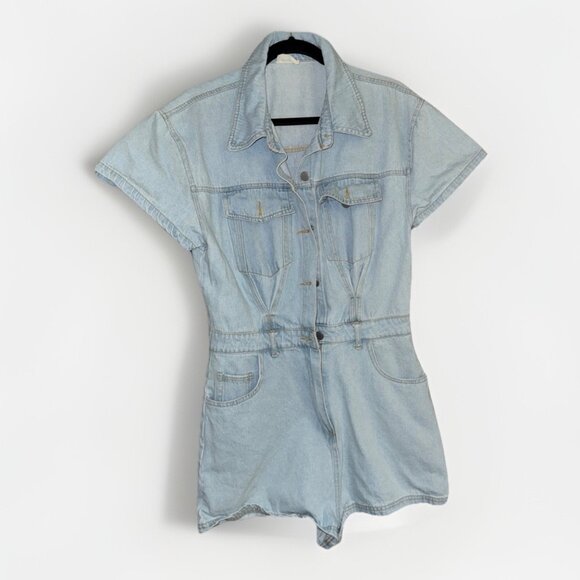 Lala Factory Denim Romper Womens M Short Sleeve Button Up Collared Blue Jumpsuit - Picture 1 of 15